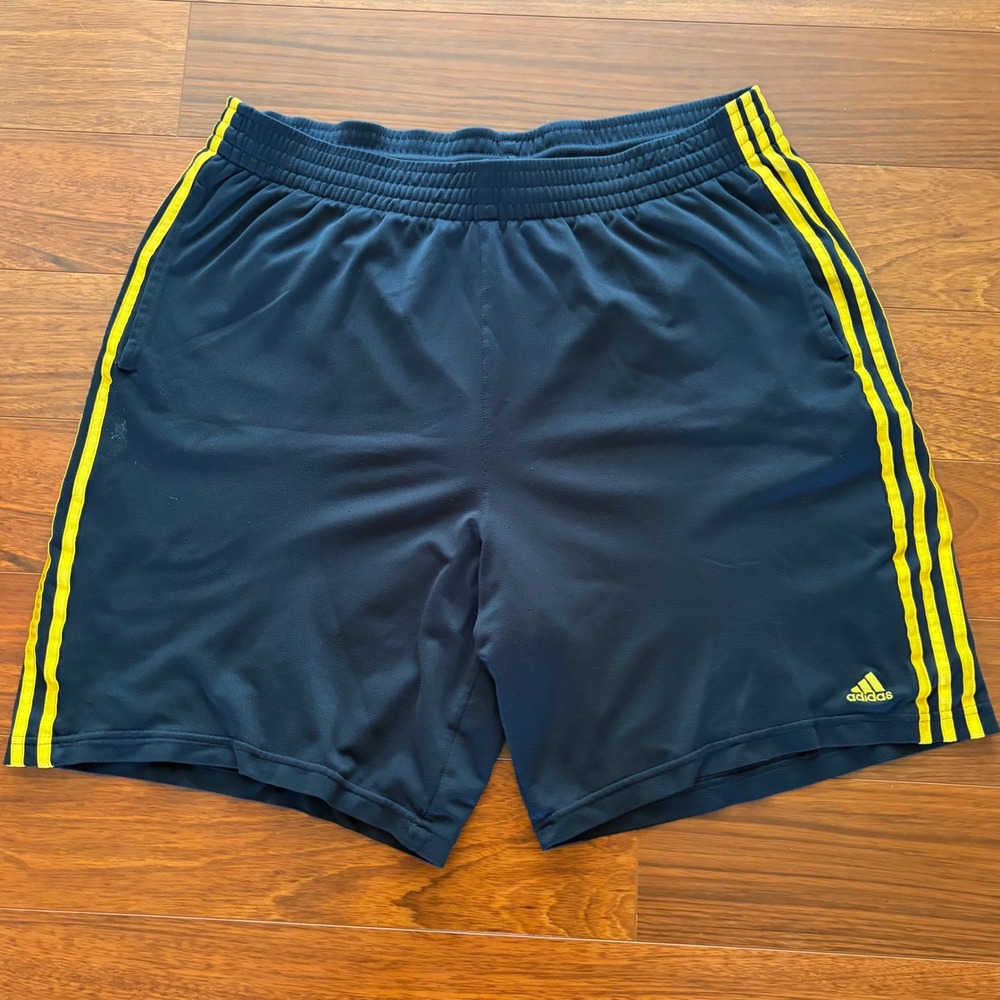 Y2K Adidas Mens 2XL Navy Blue Yellow 3-Stripe Mesh Athletic Basketball Shorts